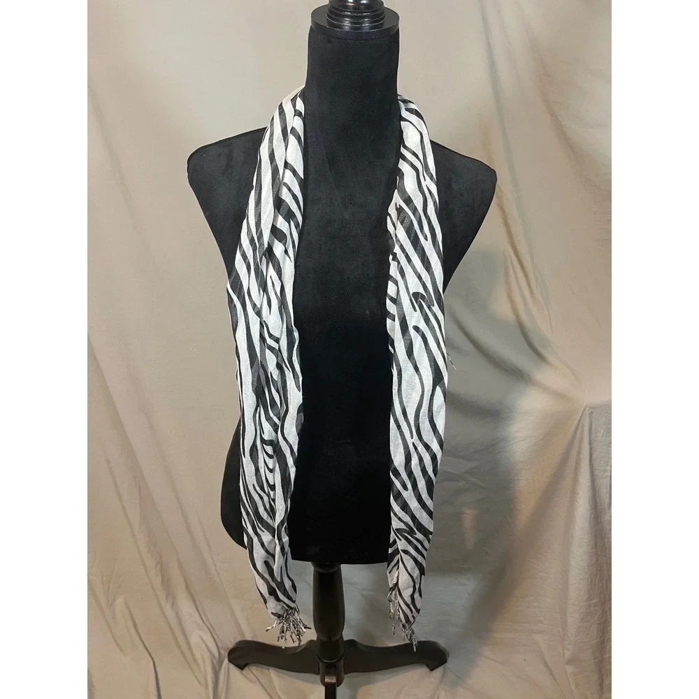 Womens Zebra Print Scarf Black White Lightweight Animal Pattern Fringe‎ Trim